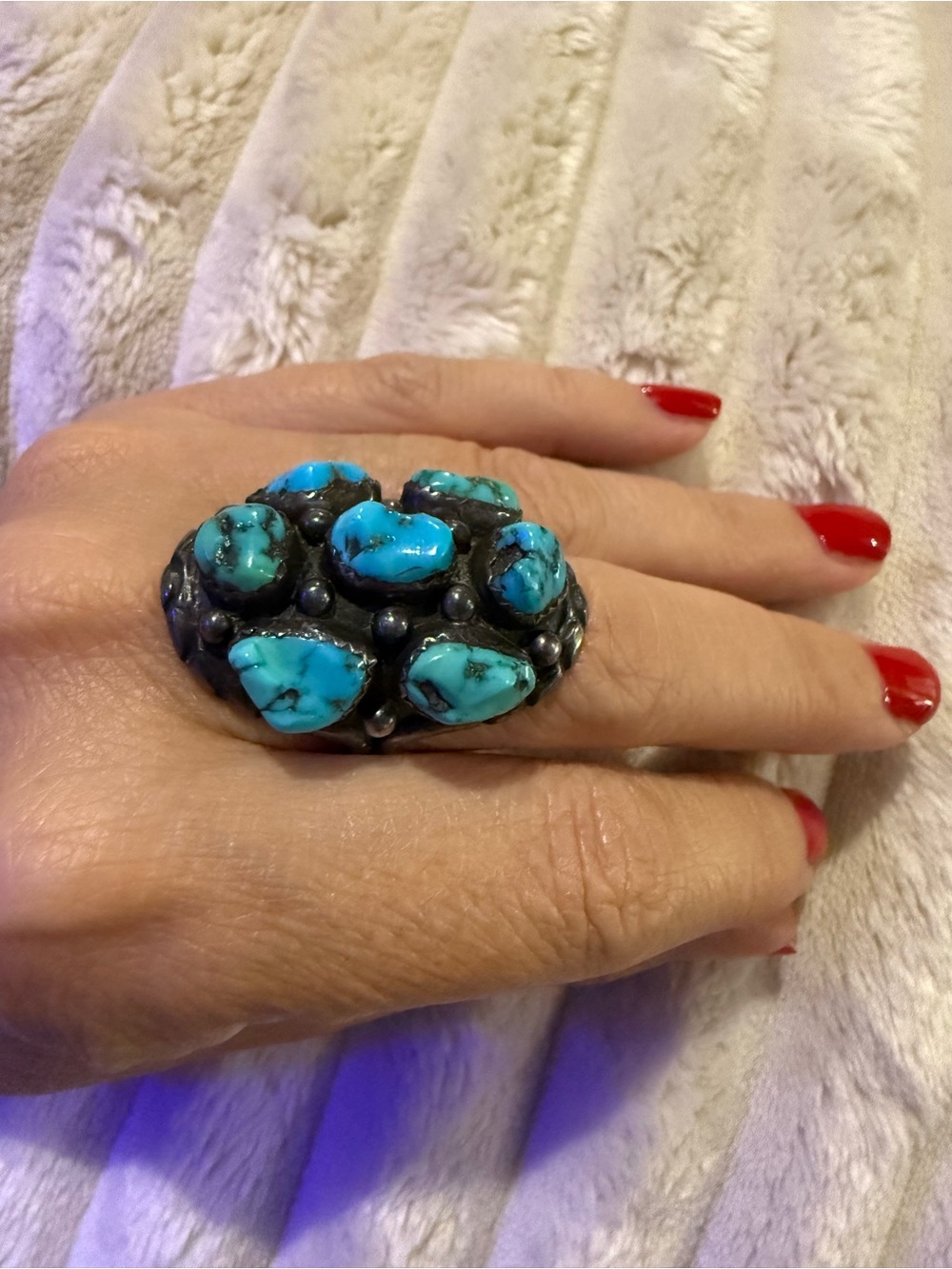 Vintage Signed B. Touchine Navajo Turquoise Cluster Ring Sterling Silver Sz 9